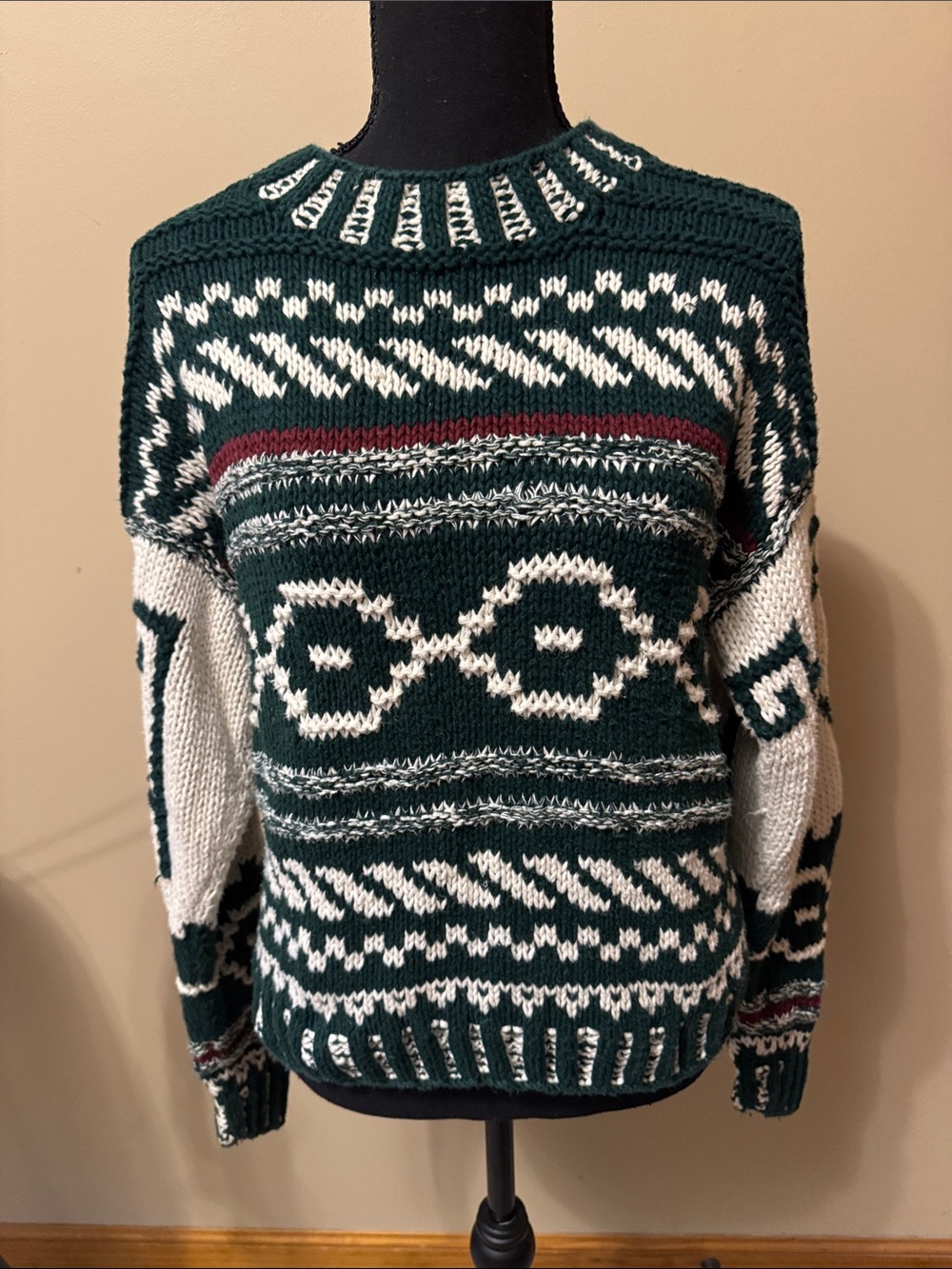 Cozy Forest Green & Cream Geometric Crewneck Sweater
